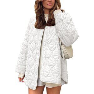 Women's Clothes Jacket Puffer White Zip Pocket Button Down Padded Outerwear